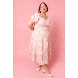 Ivy City Co Women's Tea Party Dress 3X Pink Smocked Midi Cotton Puff Sleeve